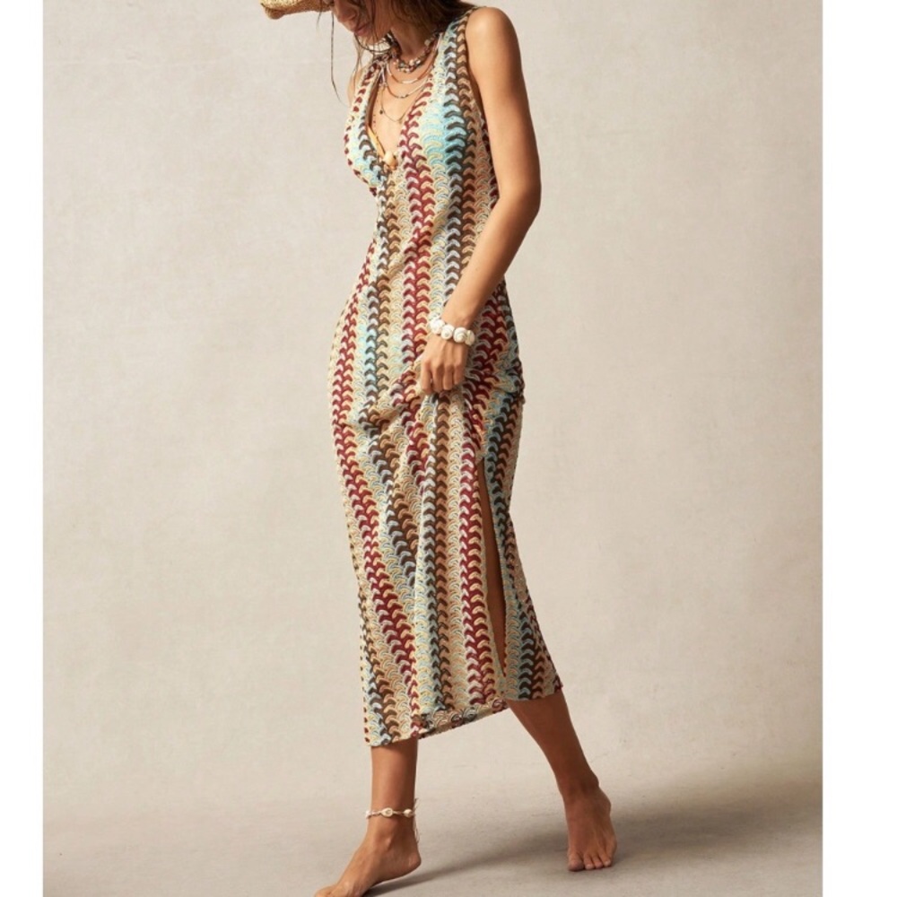 Boho Textured Color Block V neck Sleeveless Side Slit Dress - Picture 4 of 6